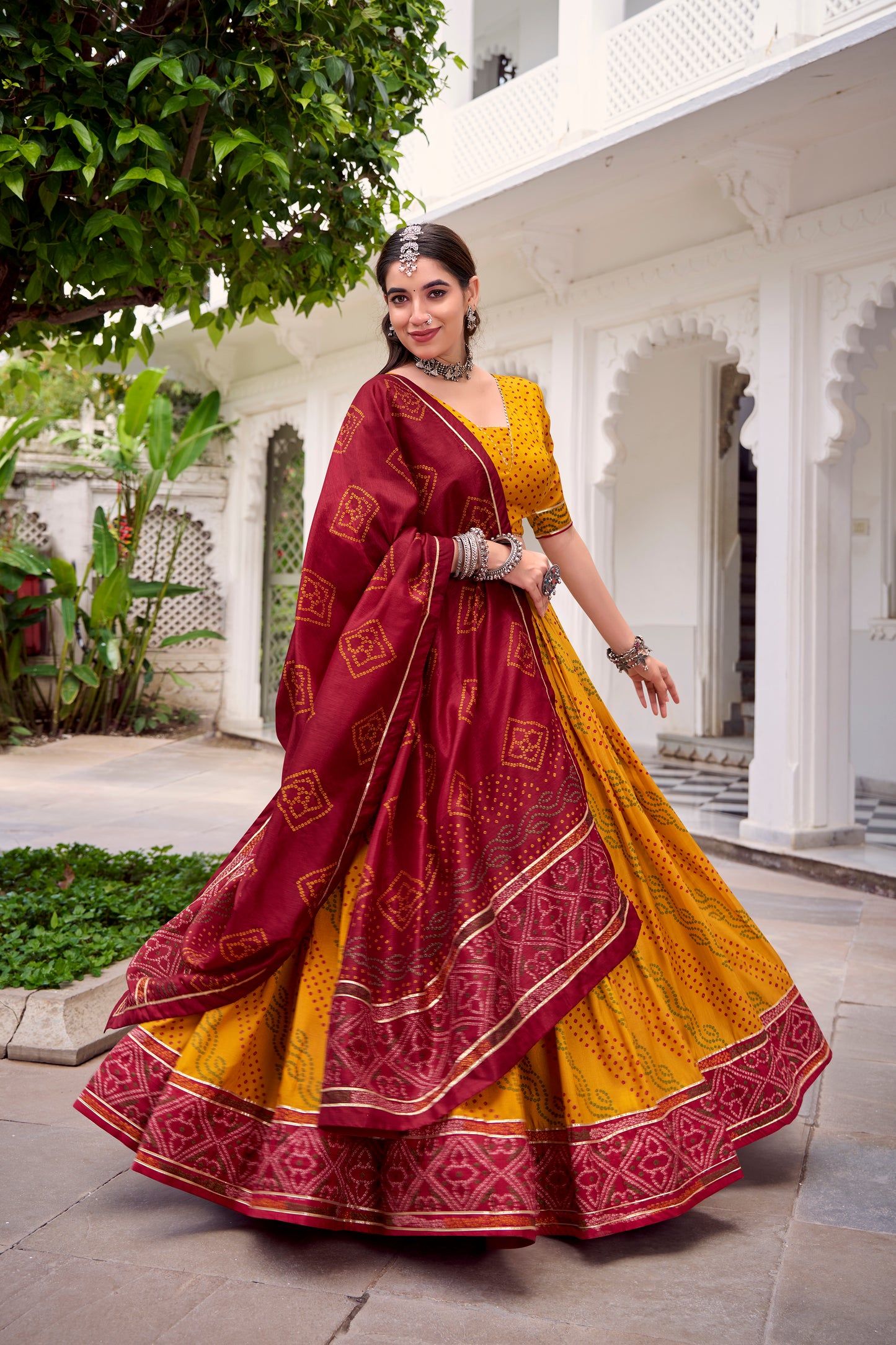 Yellow Color Bandhej Print With Gotta Patti Lace Tasar Silk Lehenga Choli