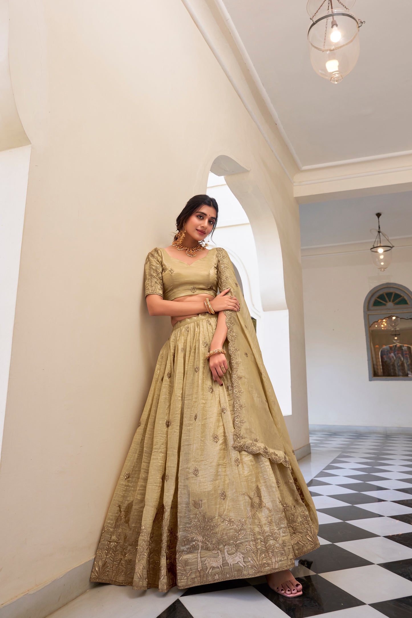 Off White Color Sequins and Thread Embroidery Work Gold Crush Lehenga Choli