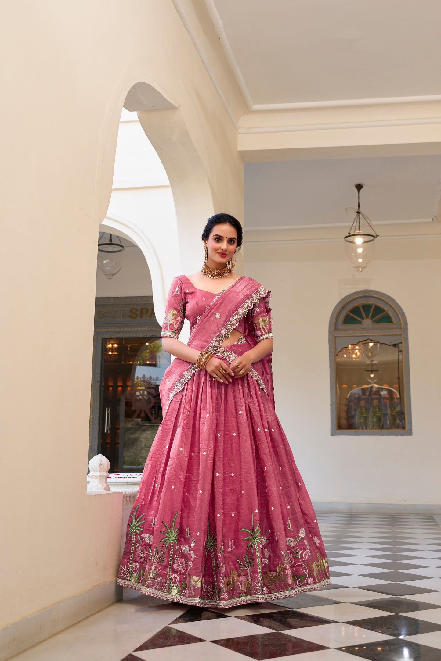 Pink Color Sequins and Thread Embroidery Work Gold Crush Lehenga Choli