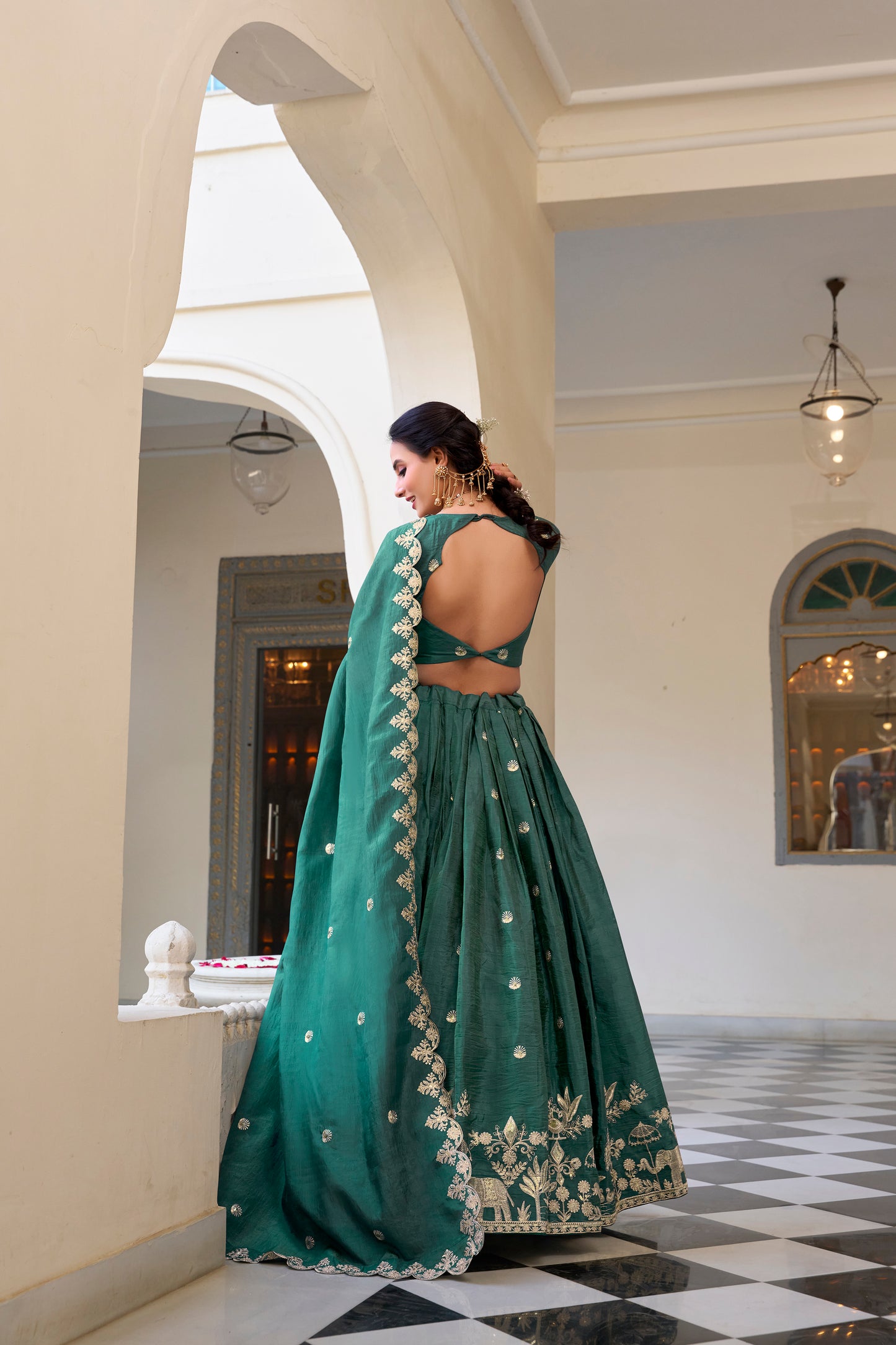 Teal Color Sequins and Thread Embroidery Work Gold Crush Lehenga Choli