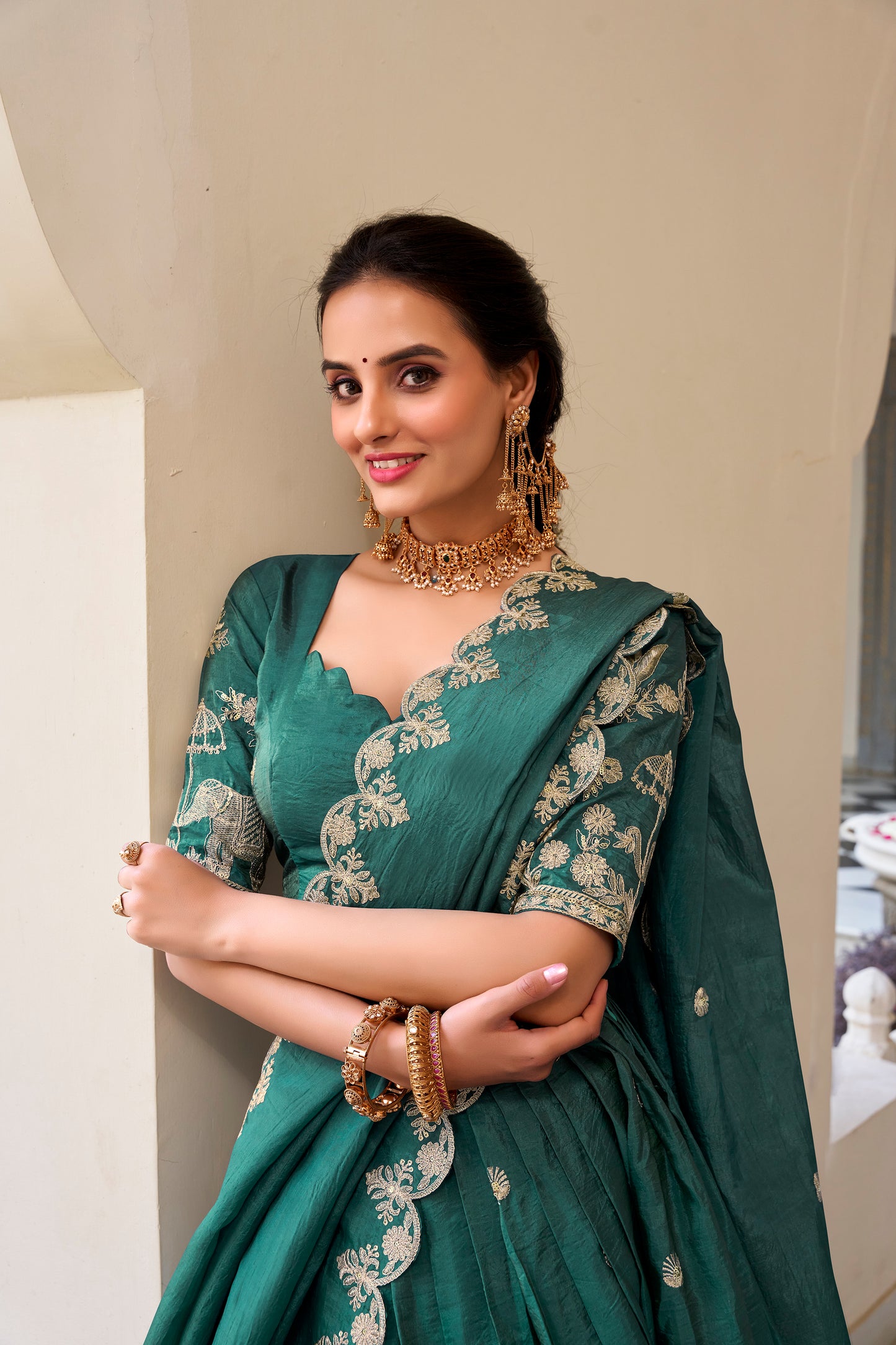 Teal Color Sequins and Thread Embroidery Work Gold Crush Lehenga Choli