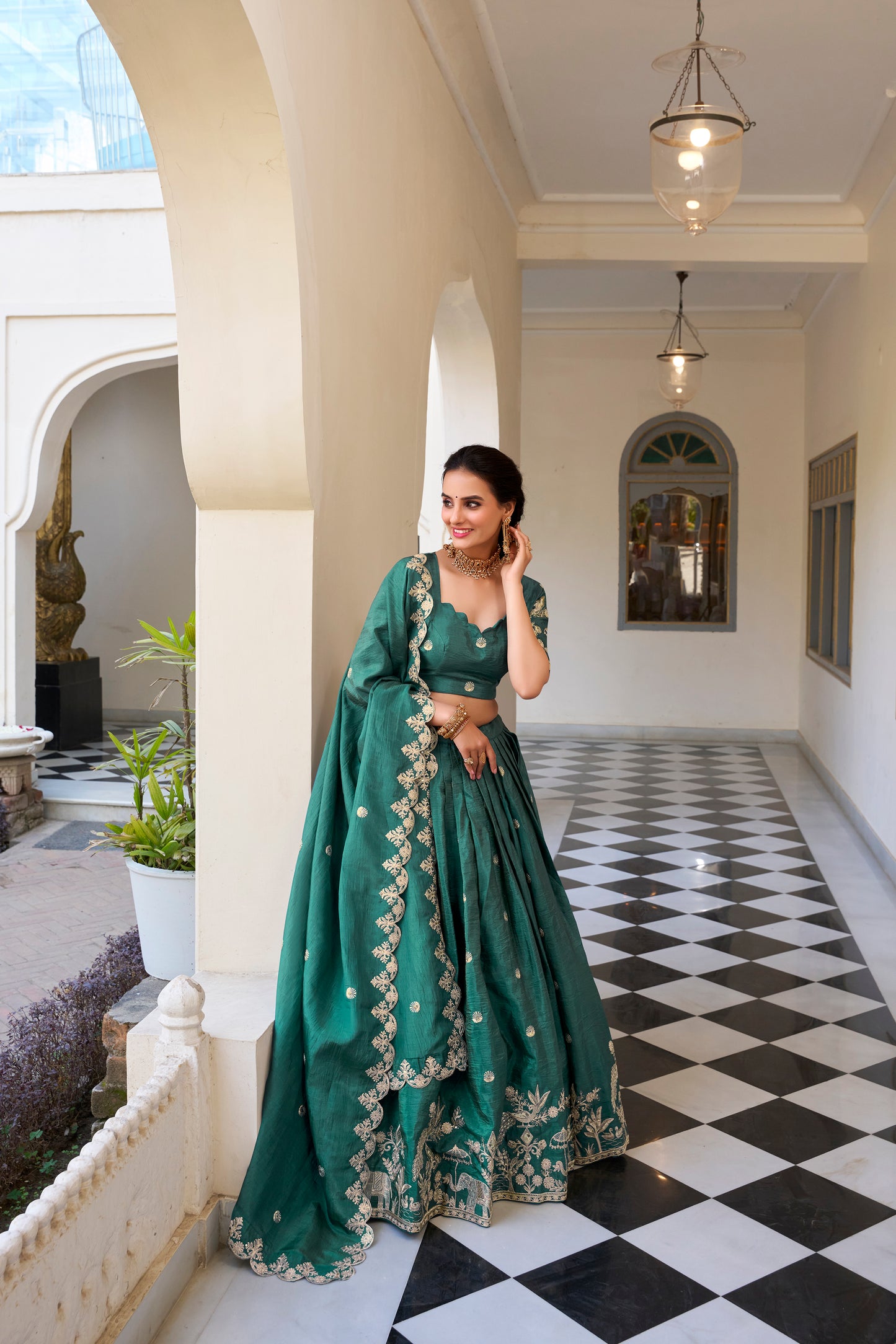 Teal Color Sequins and Thread Embroidery Work Gold Crush Lehenga Choli