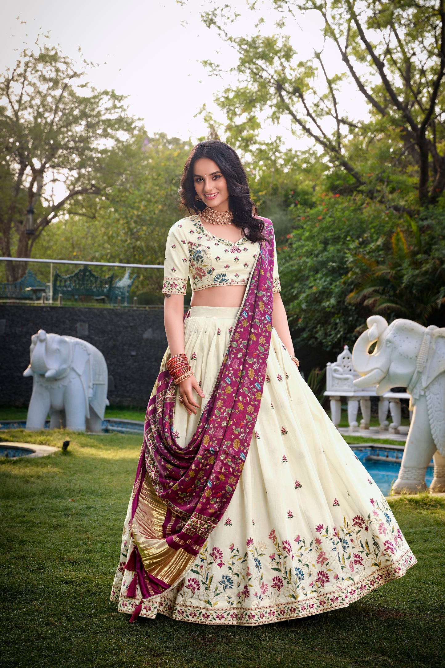 Flower Design With Sequince And Thread Embroidery Work Khadi Cotton Lehenga Choli