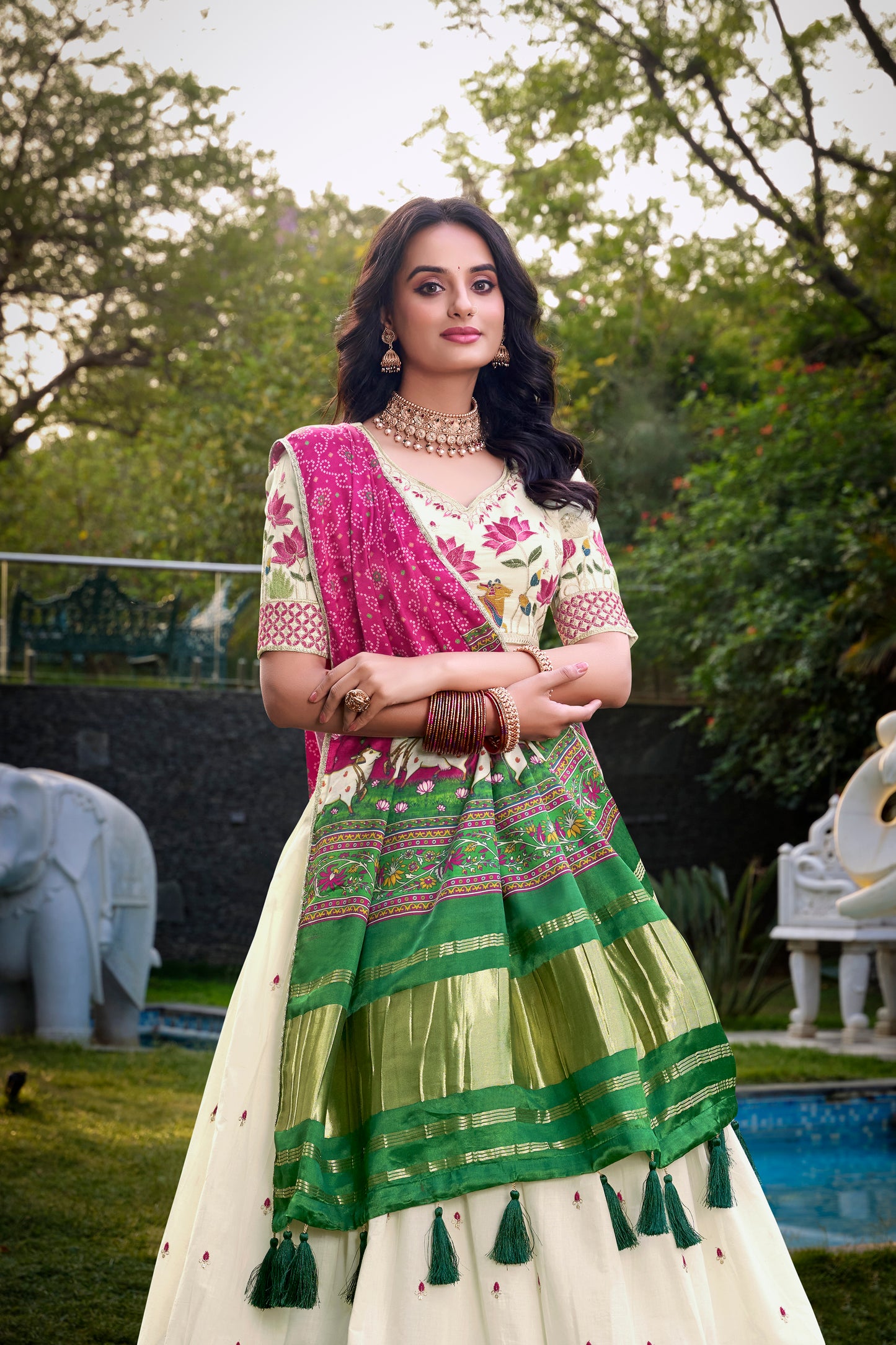 Lotus Design With Sequince And Thread Embroidery Work Khadi Cotton Lehenga Choli