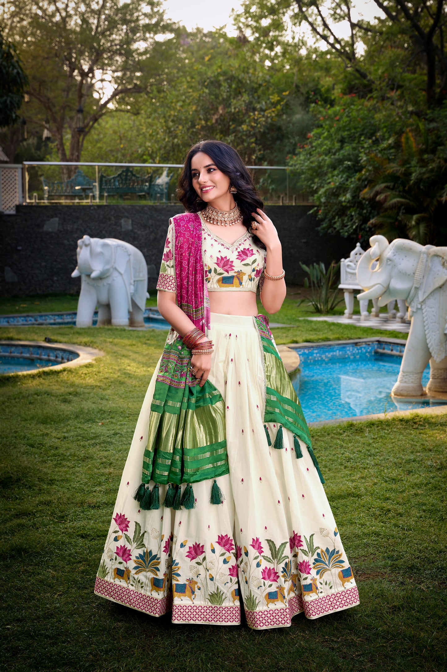 Lotus Design With Sequince And Thread Embroidery Work Khadi Cotton Lehenga Choli