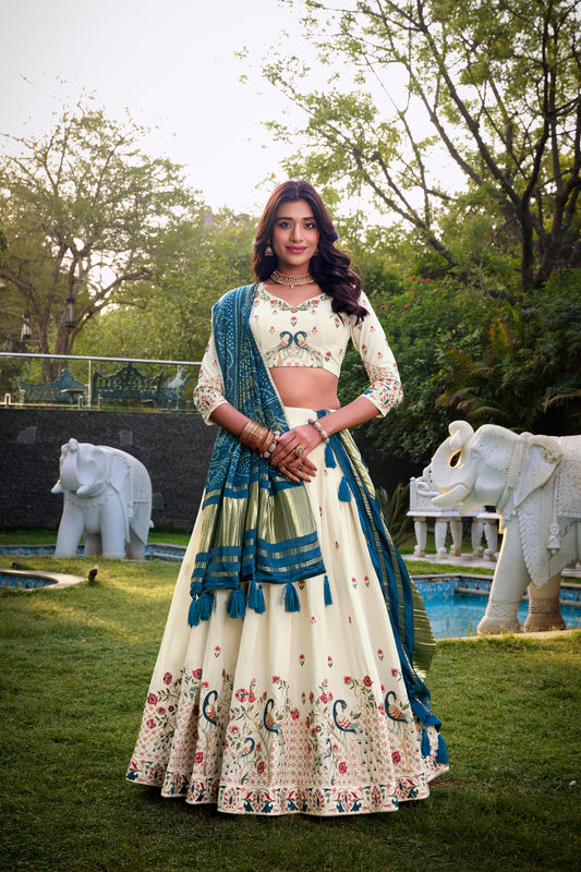 Peacock Design With Sequince And Thread Embroidery Work Khadi Cotton Lehenga Choli