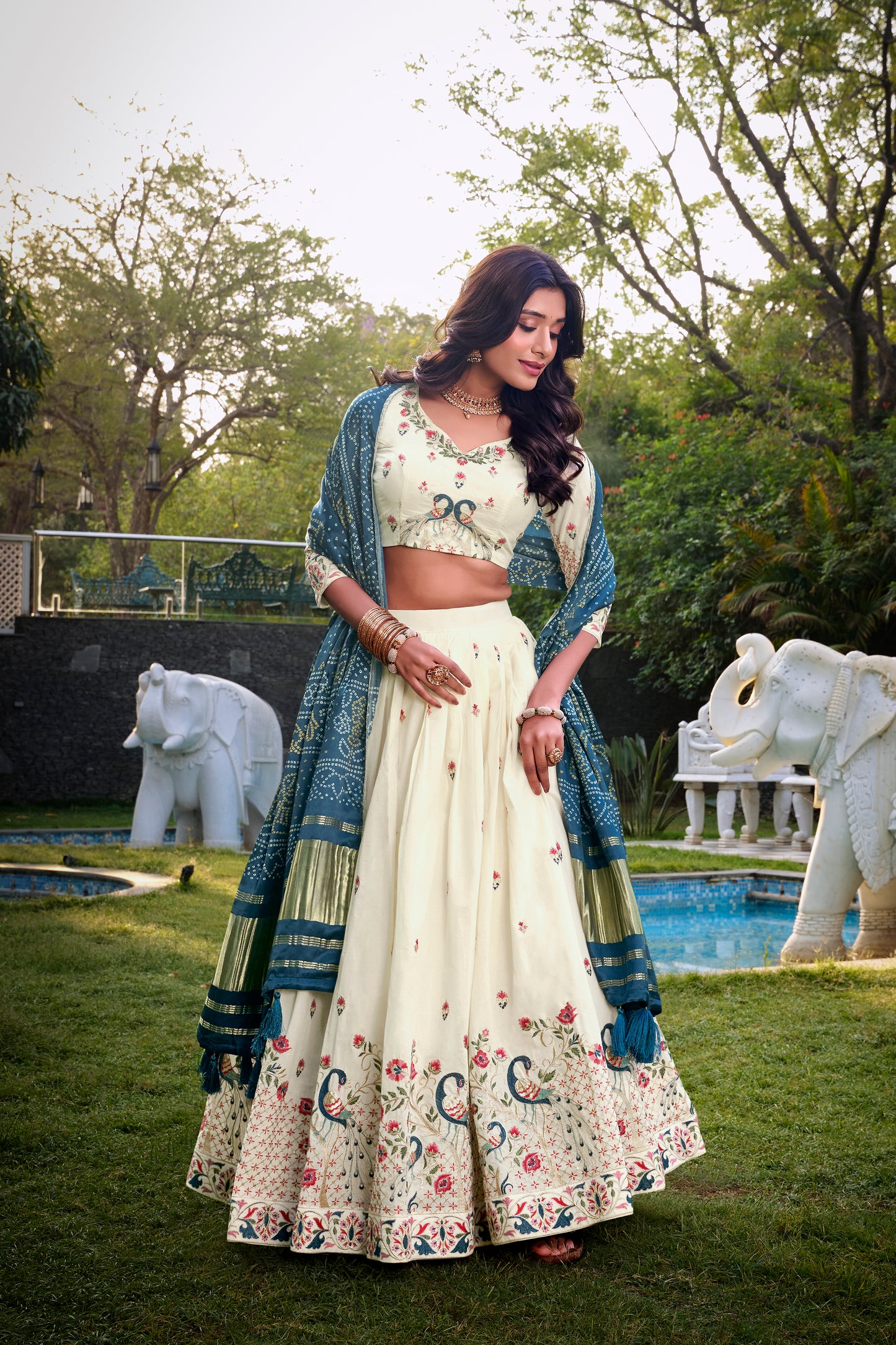 Peacock Design With Sequince And Thread Embroidery Work Khadi Cotton Lehenga Choli