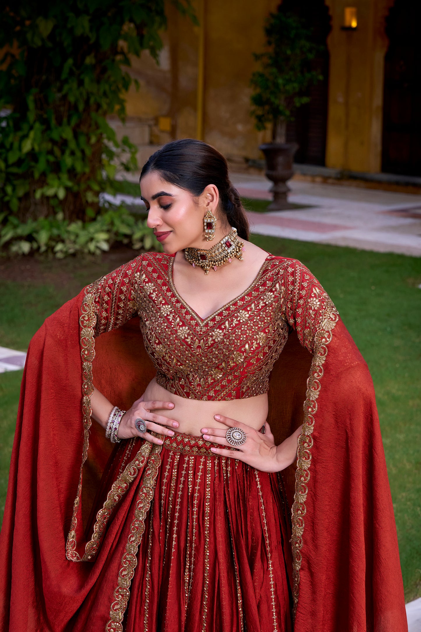 Rust Orange Color Sequins And Thread Embroidery Work Rangoli Crush Lehenga Choli