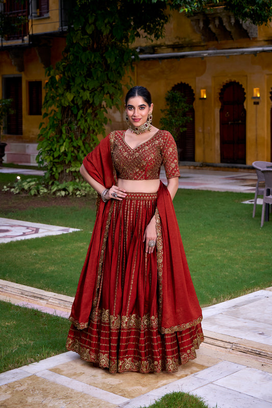 Rust Orange Color Sequins And Thread Embroidery Work Rangoli Crush Lehenga Choli