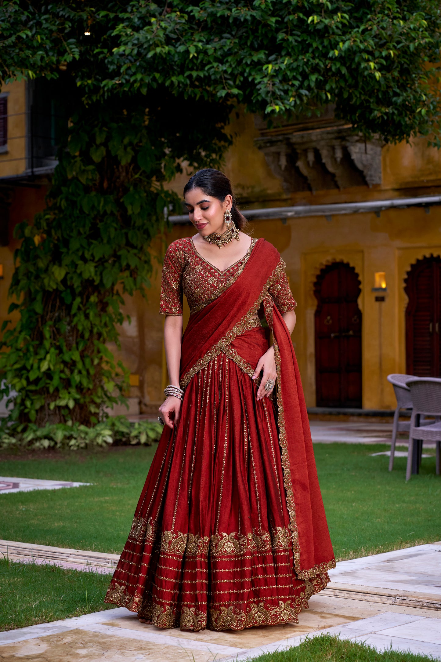 Rust Orange Color Sequins And Thread Embroidery Work Rangoli Crush Lehenga Choli