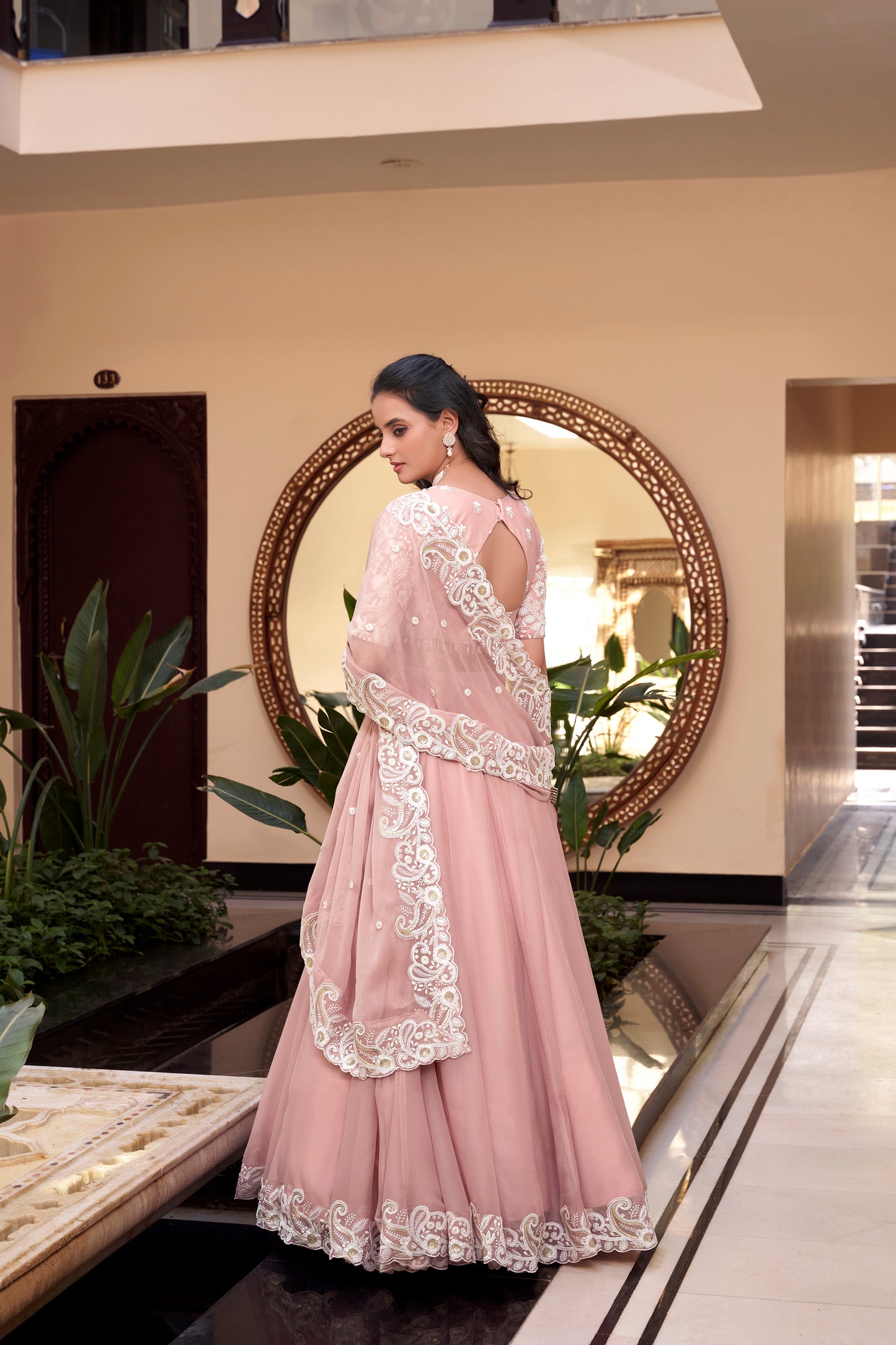 Pastel Pink Color Pearl Coding And Sequins Embroidery Work Star Georgette Lehenga Choli