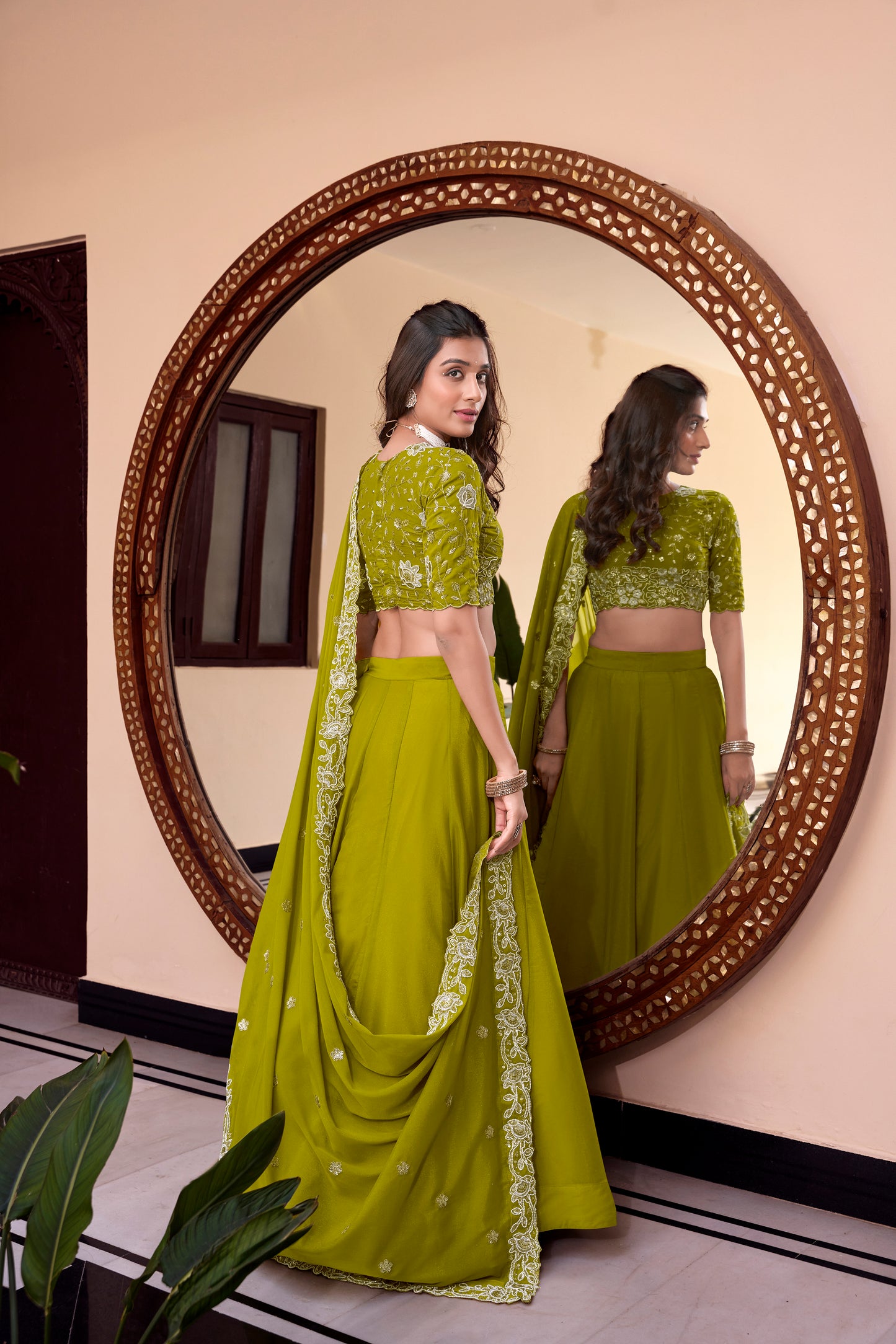 Parrot Color Pearl Coding And Sequins Embroidery Work Star Georgette Lehenga Choli