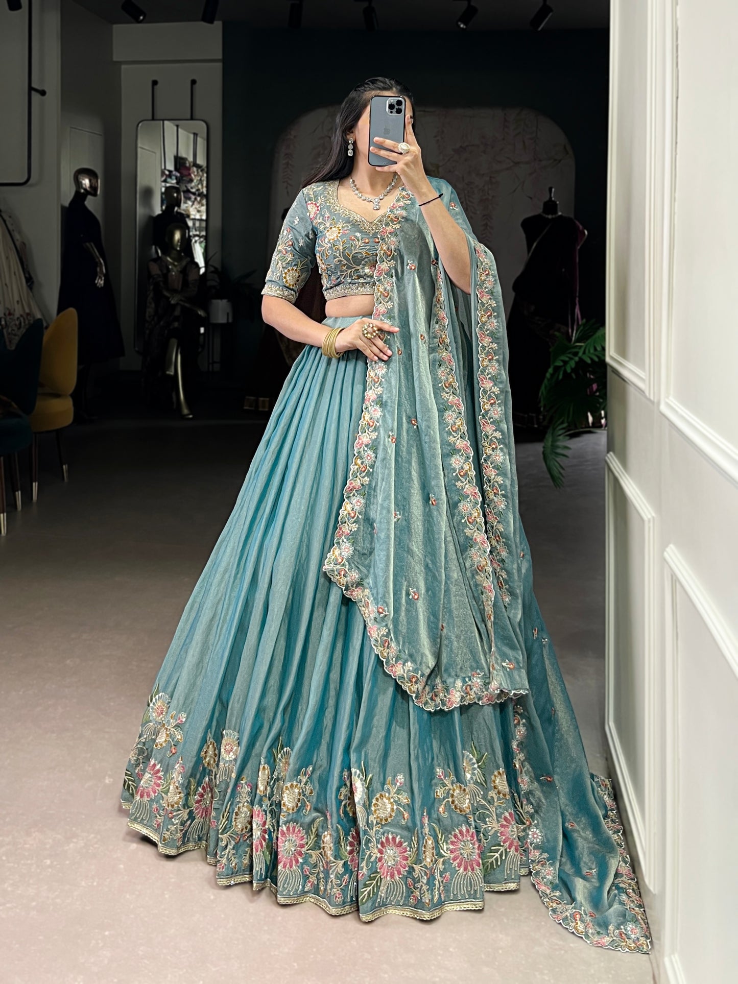 Sky Blue Color Sequince And Thread Embroidery Work Zari Shimmer Lehenga Choli