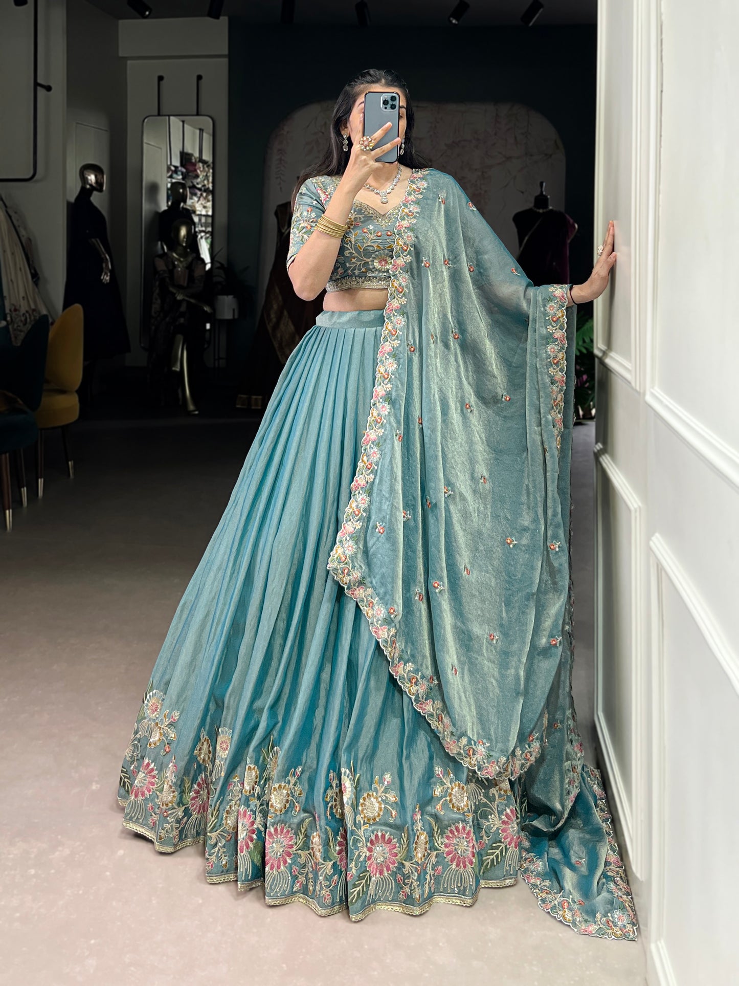 Sky Blue Color Sequince And Thread Embroidery Work Zari Shimmer Lehenga Choli