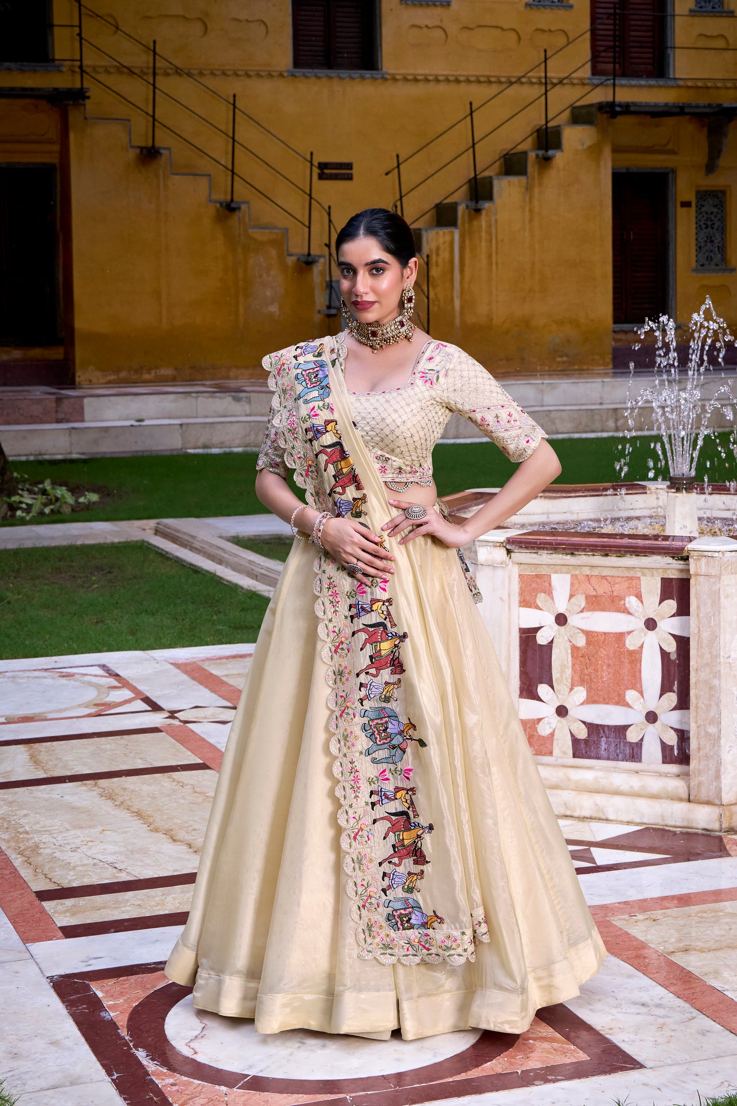 Cream Color Sequince And Thread Embroidery Work Raspberry Lehenga Choli