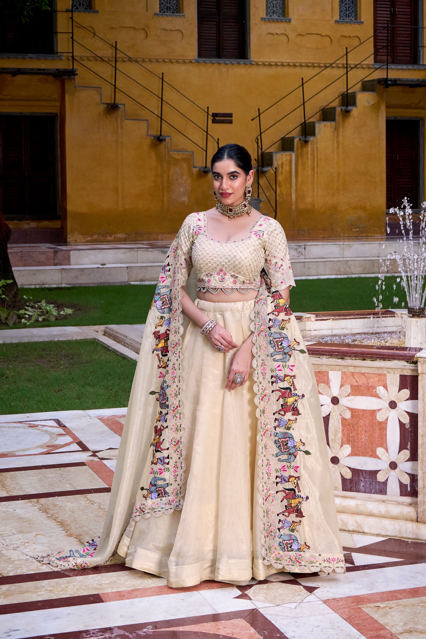 Cream Color Sequince And Thread Embroidery Work Raspberry Lehenga Choli
