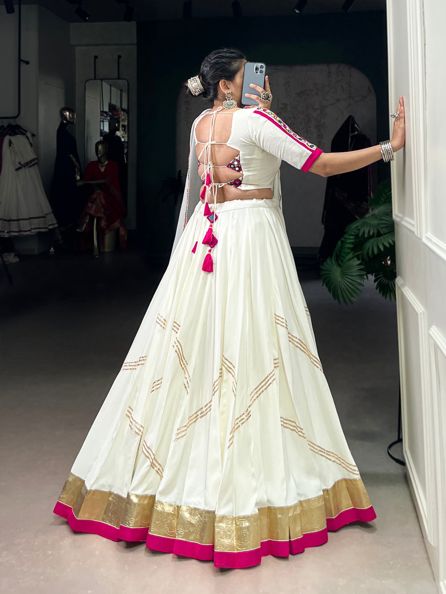 White Color Embossed design With Gotta Patti Lace Touch Up Rayon chaniya Choli