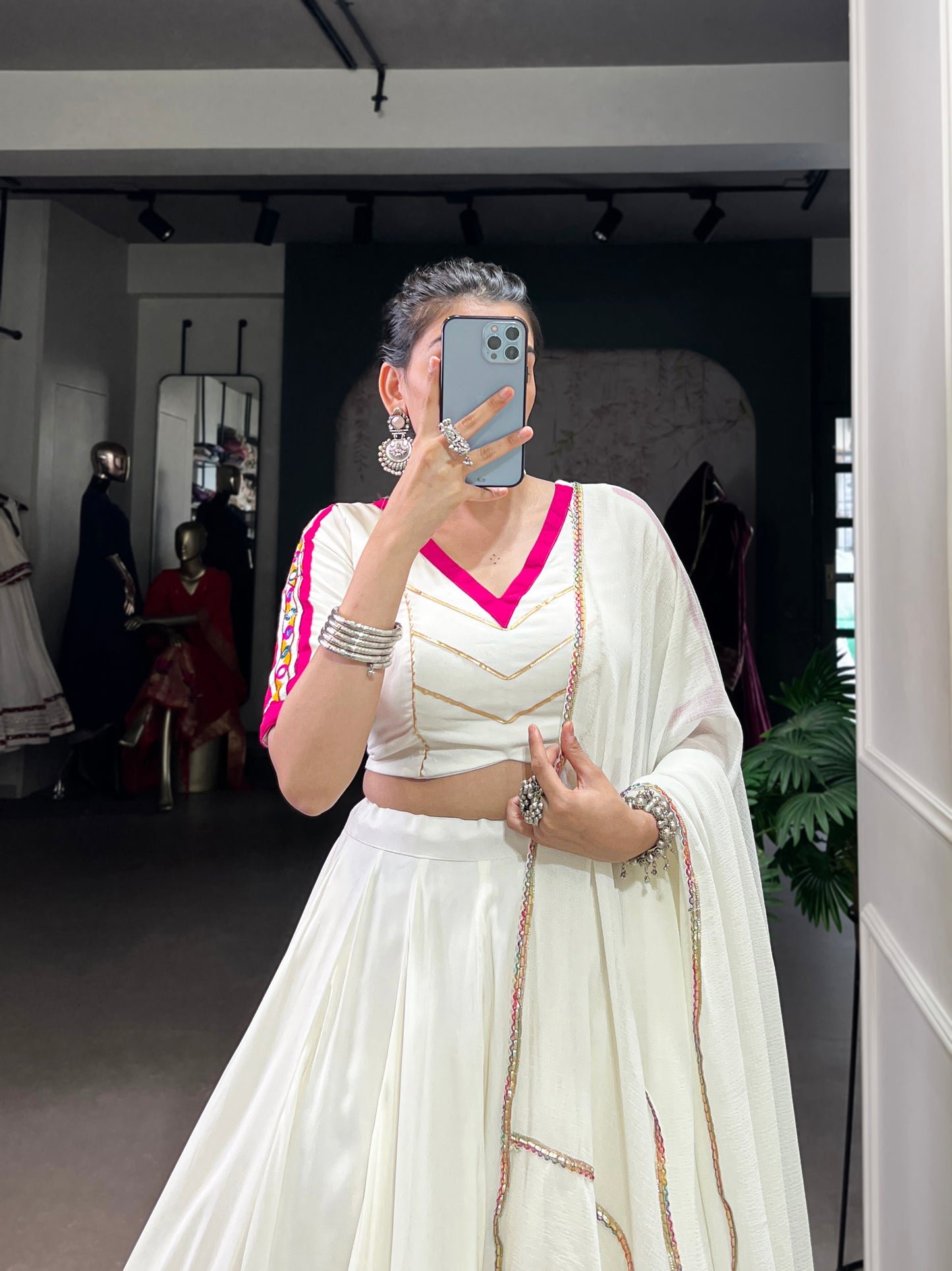 White Color Embossed design With Gotta Patti Lace Touch Up Rayon chaniya Choli