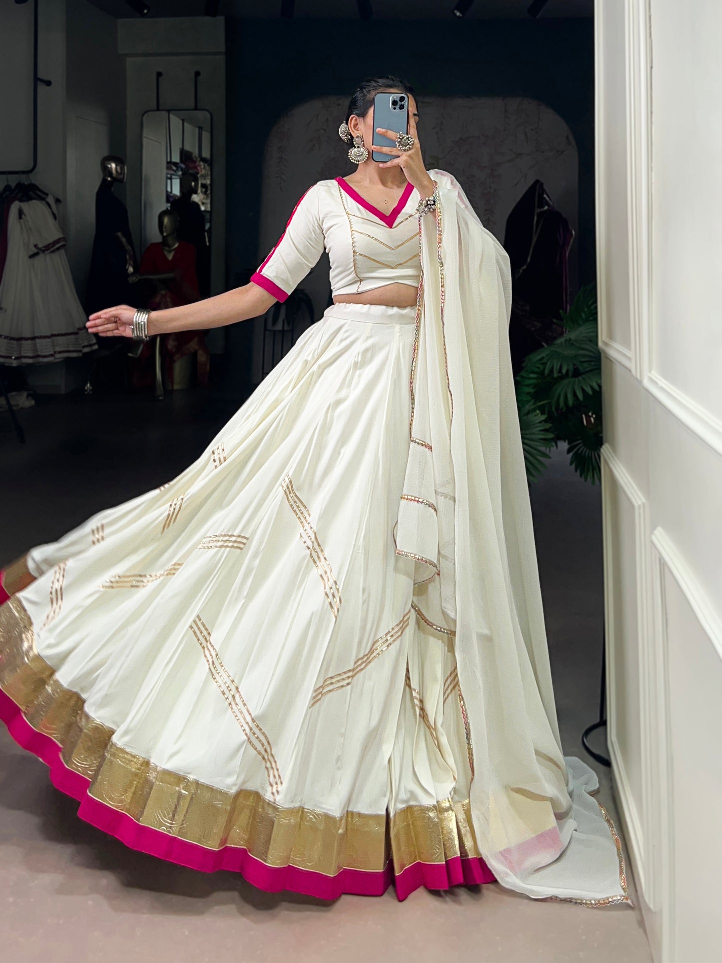 White Color Embossed design With Gotta Patti Lace Touch Up Rayon chaniya Choli