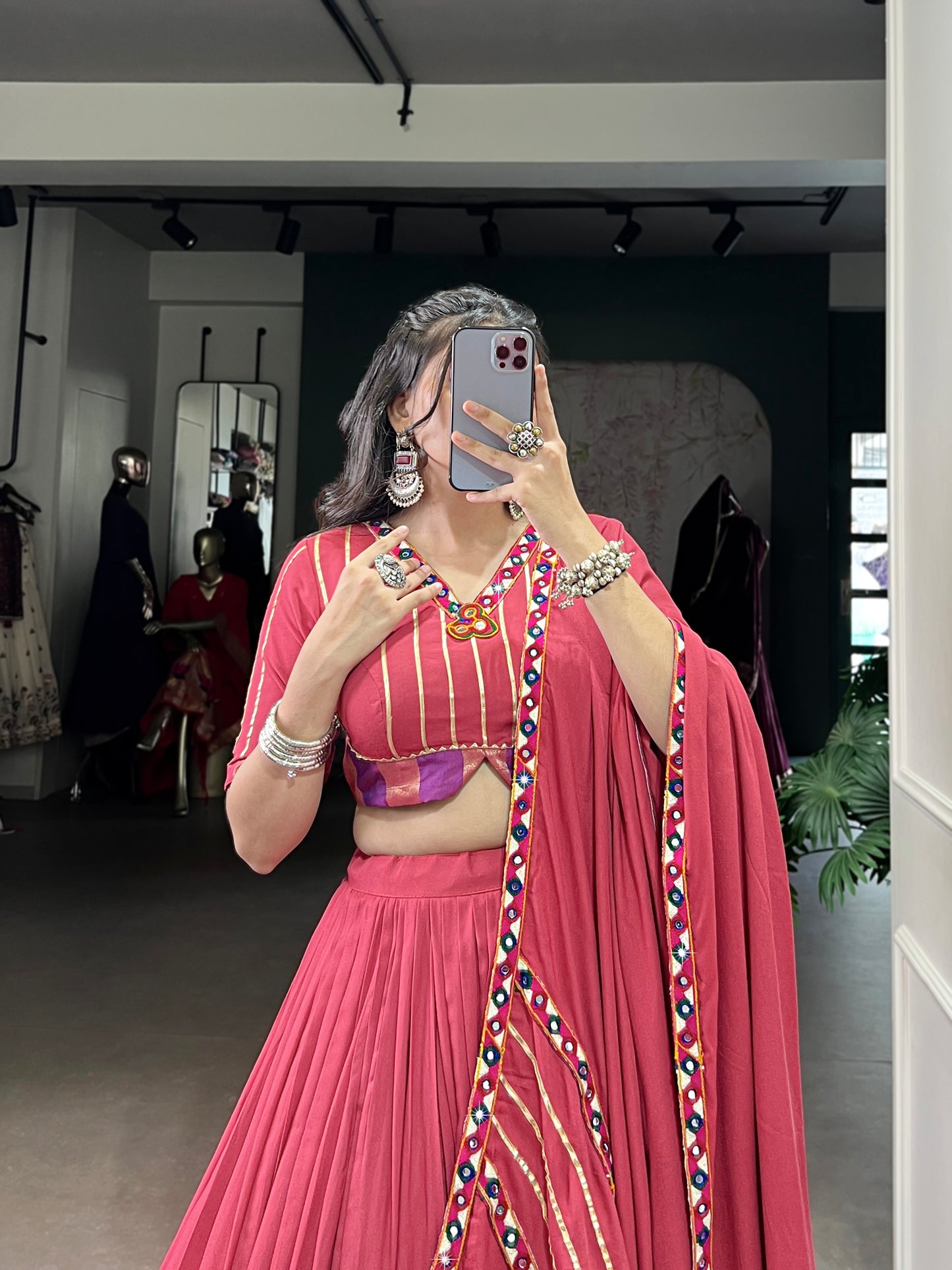 Dusty Pink Color Original Mirror Gamthi Work Rayon Chaniya Choli