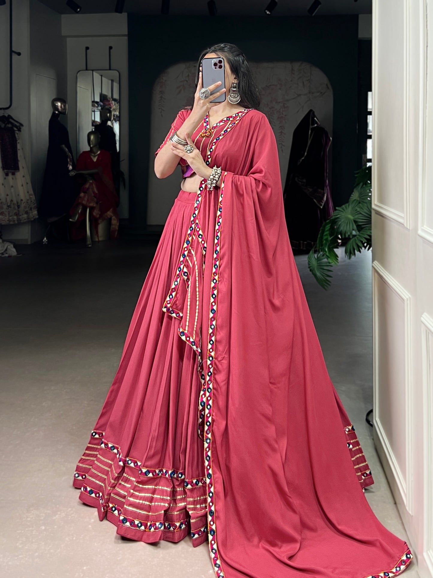 Dusty Pink Color Original Mirror Gamthi Work Rayon Chaniya Choli
