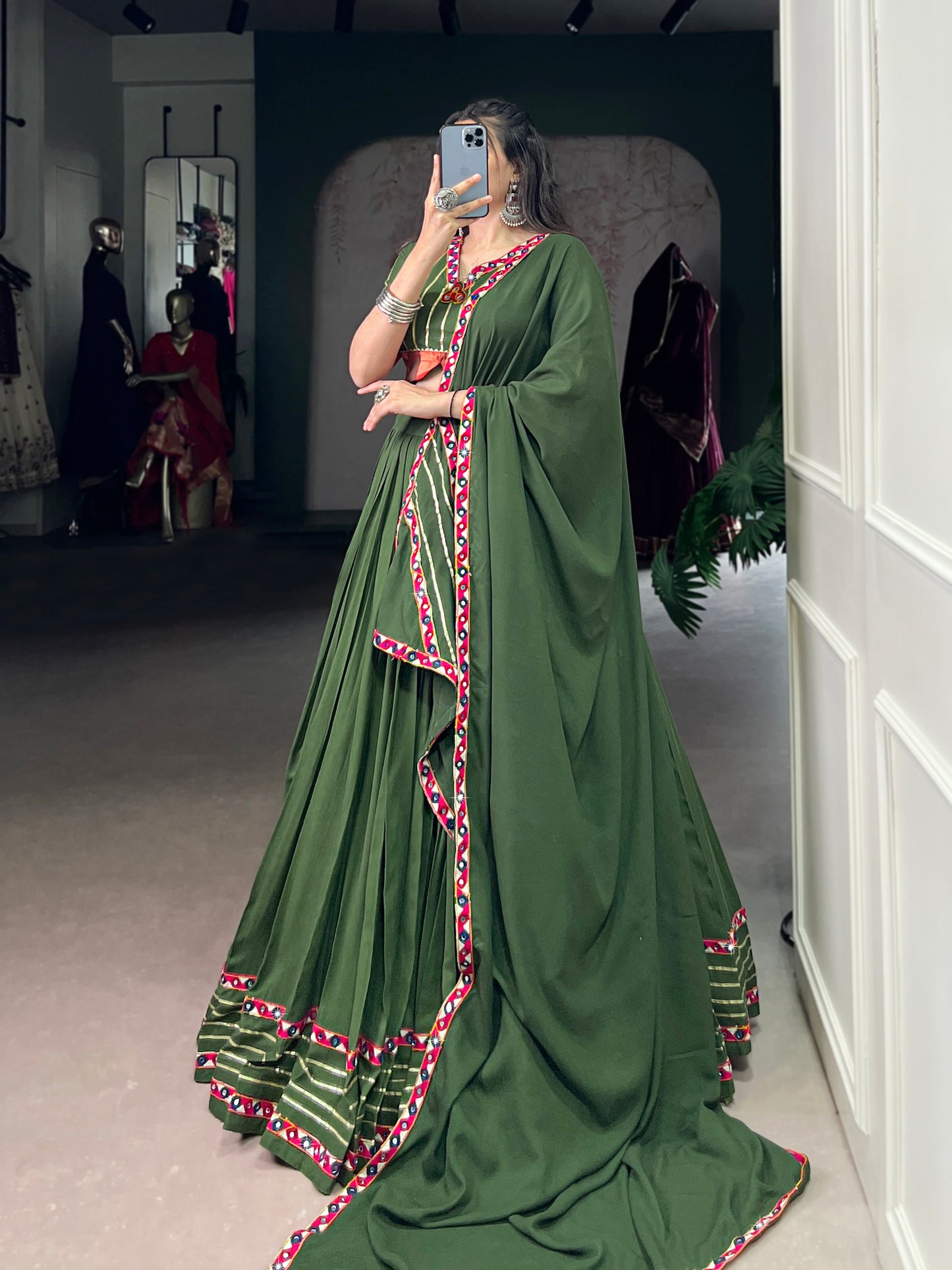 Mehendi Color Original Mirror Gamthi Work Rayon Chaniya Choli