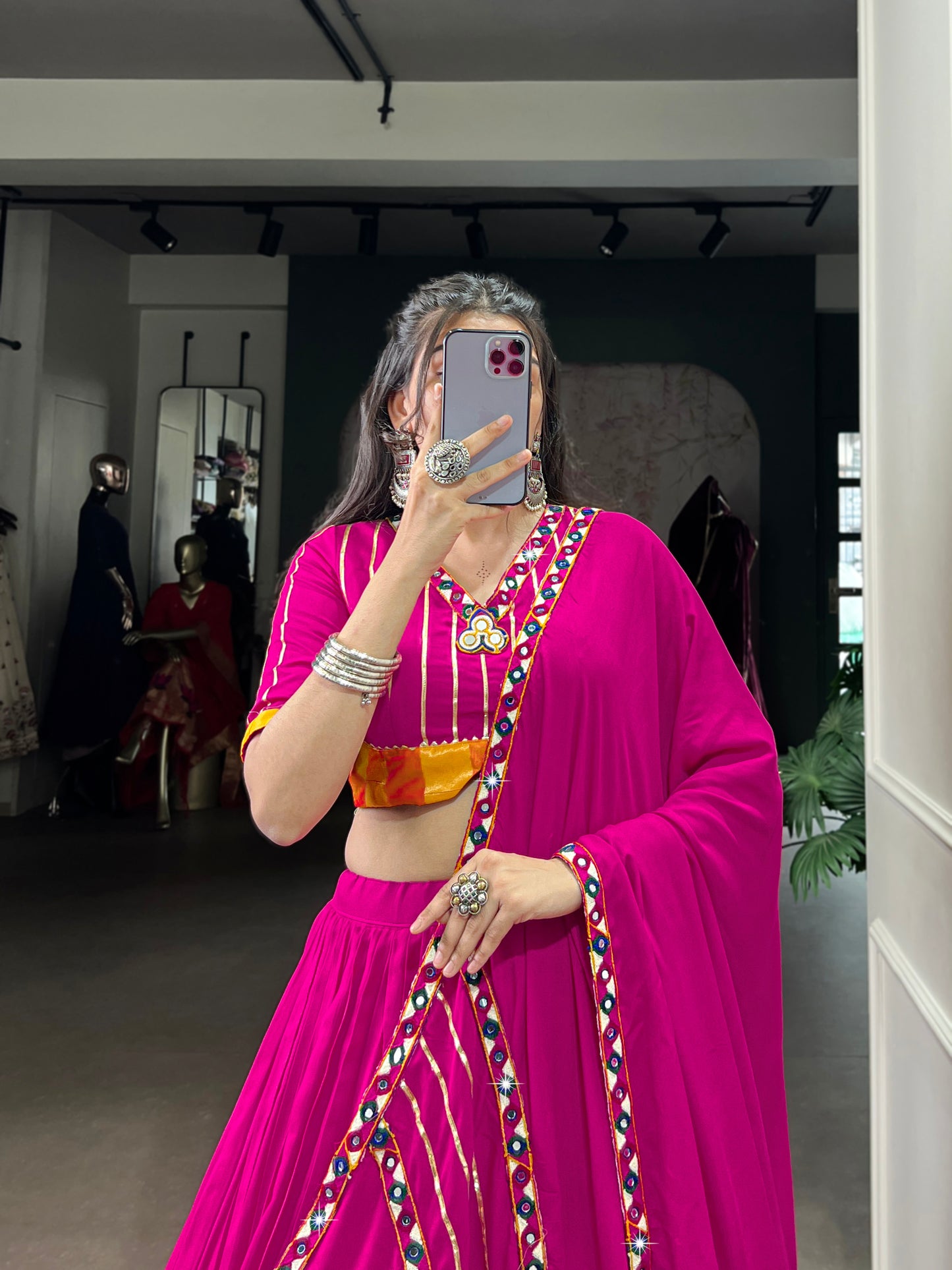 Pink Color Original Mirror Gamthi Work Rayon Chaniya Choli