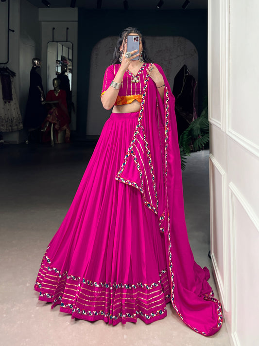 Pink Color Original Mirror Gamthi Work Rayon Chaniya Choli