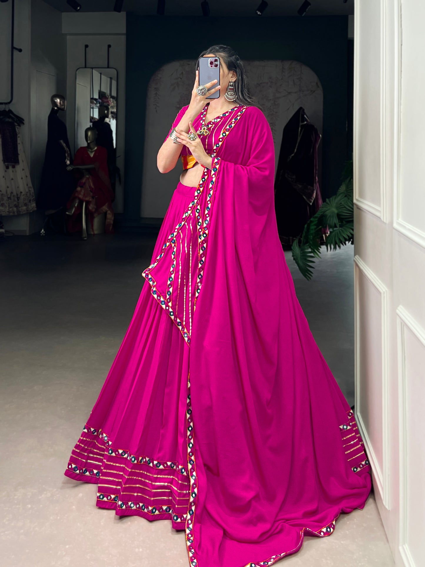 Pink Color Original Mirror Gamthi Work Rayon Chaniya Choli