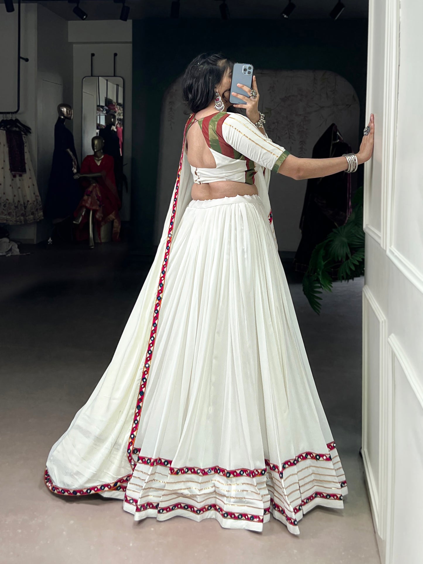 White Color Original Mirror Gamthi Work Rayon Chaniya Choli