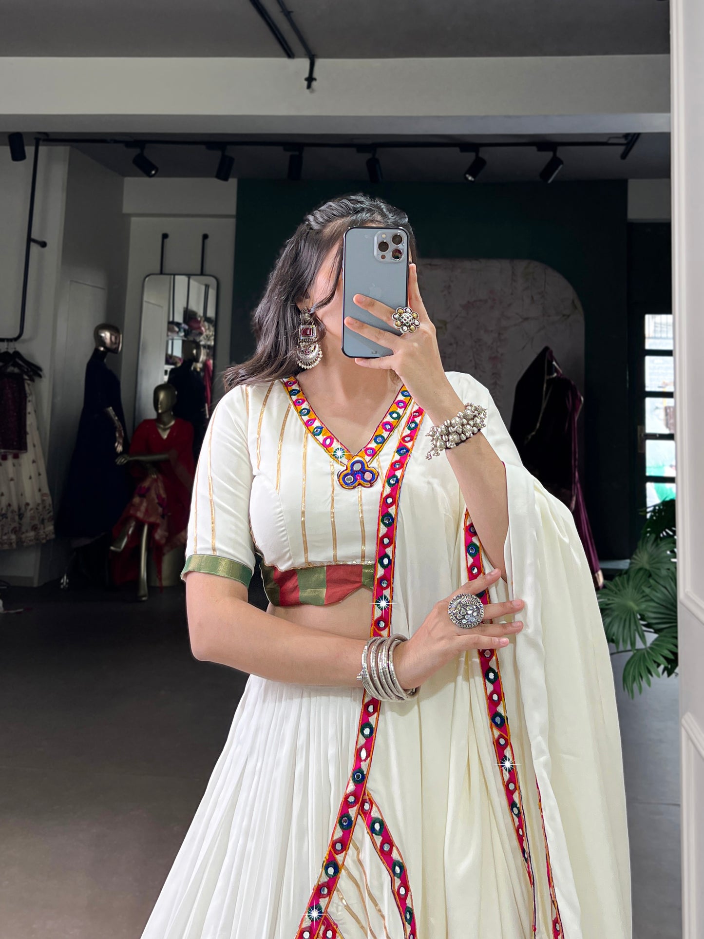 White Color Original Mirror Gamthi Work Rayon Chaniya Choli