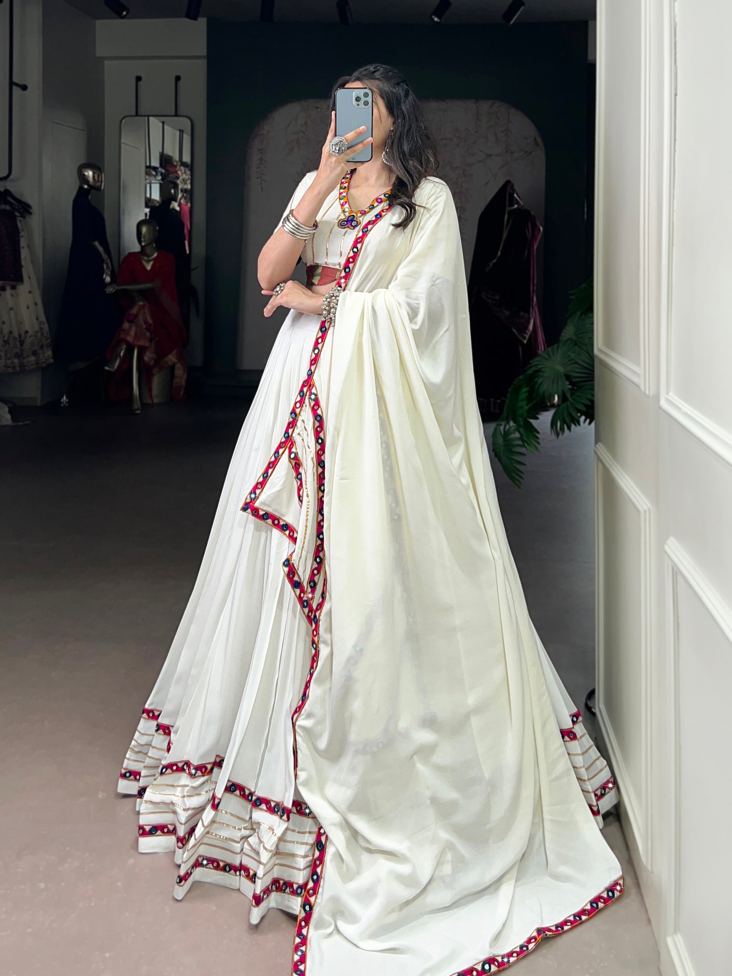 White Color Original Mirror Gamthi Work Rayon Chaniya Choli