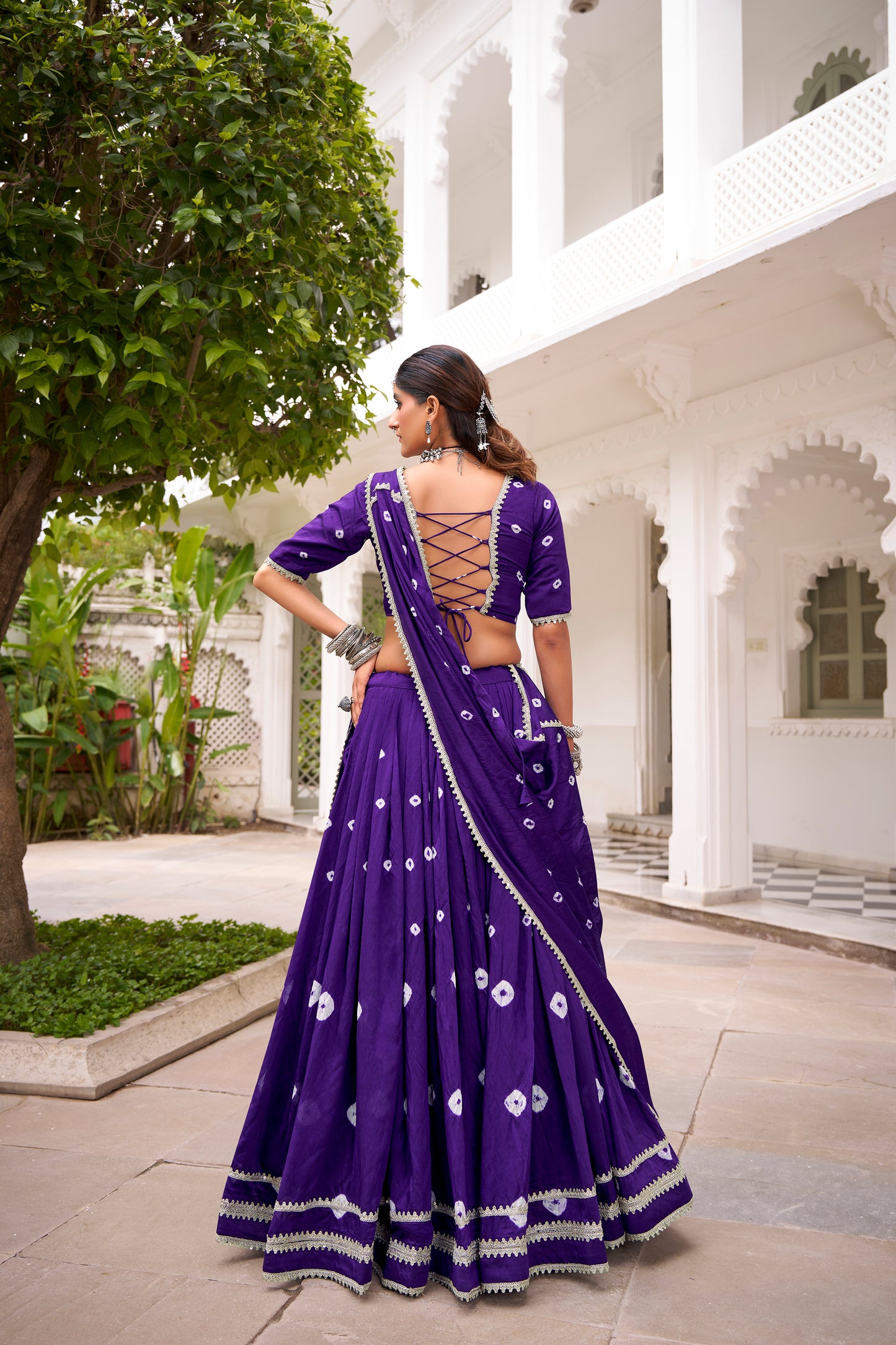 Purple Color Bandhej Print With Lace Touch Up Chanderi Chaniya Choli