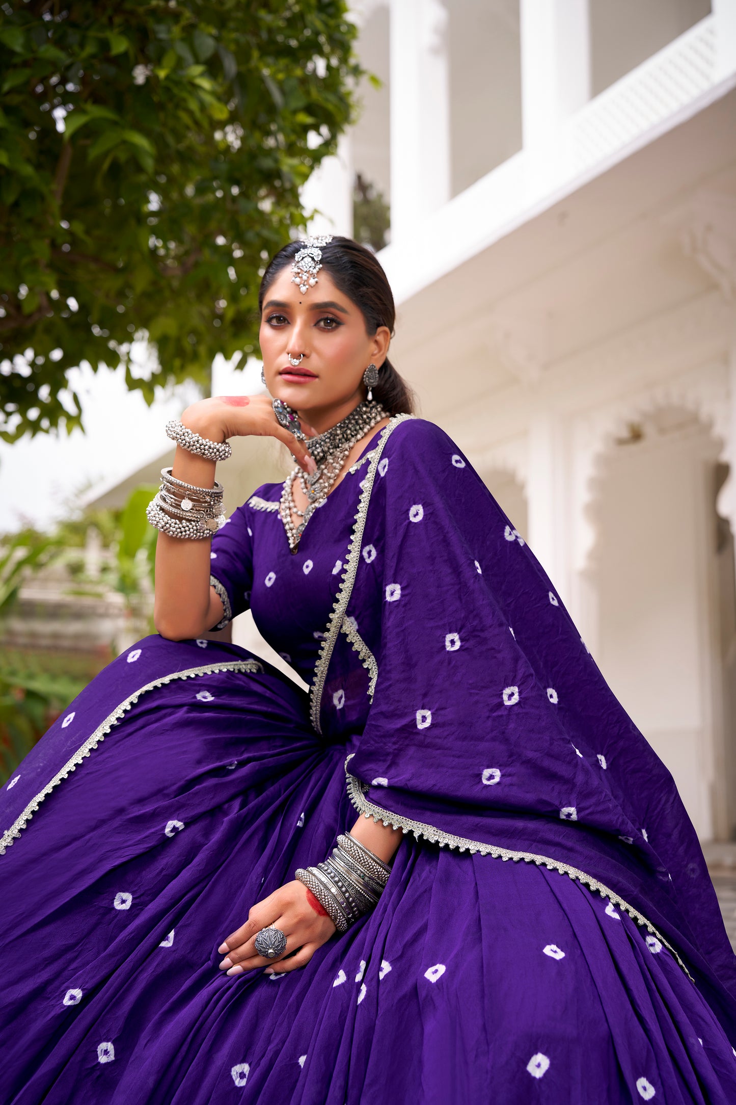 Purple Color Bandhej Print With Lace Touch Up Chanderi Chaniya Choli