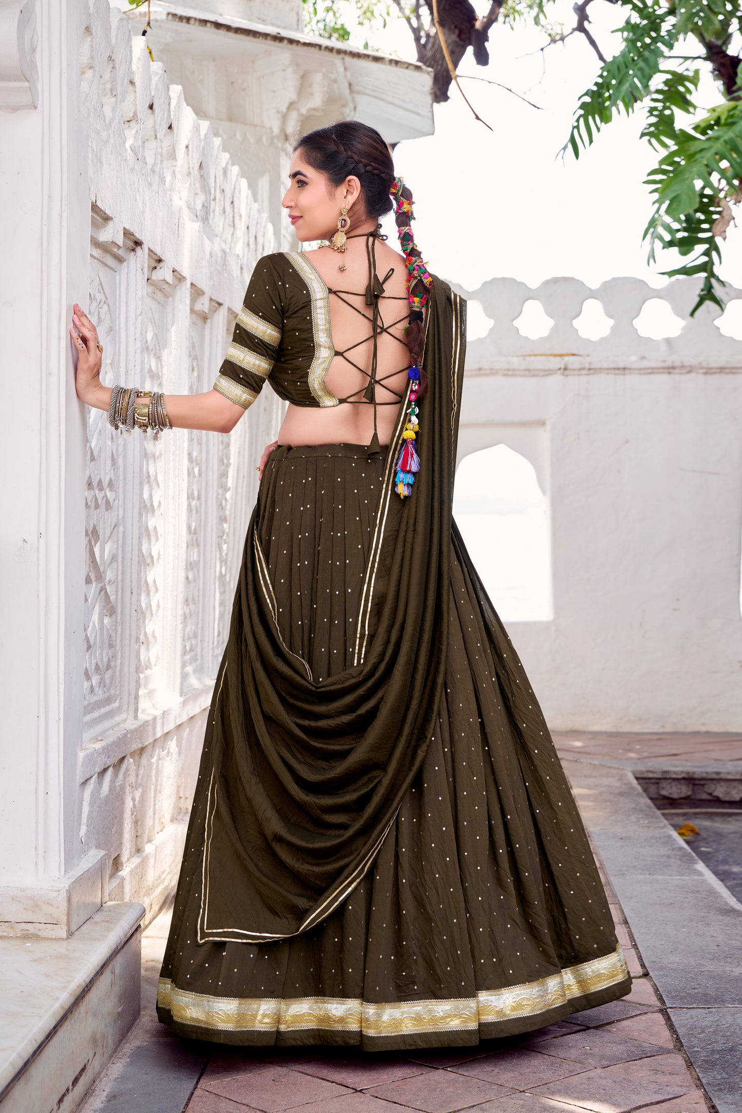 Mehendi Color Zari Weaving Work With Embossed Design Chanderi Lehenga Choli
