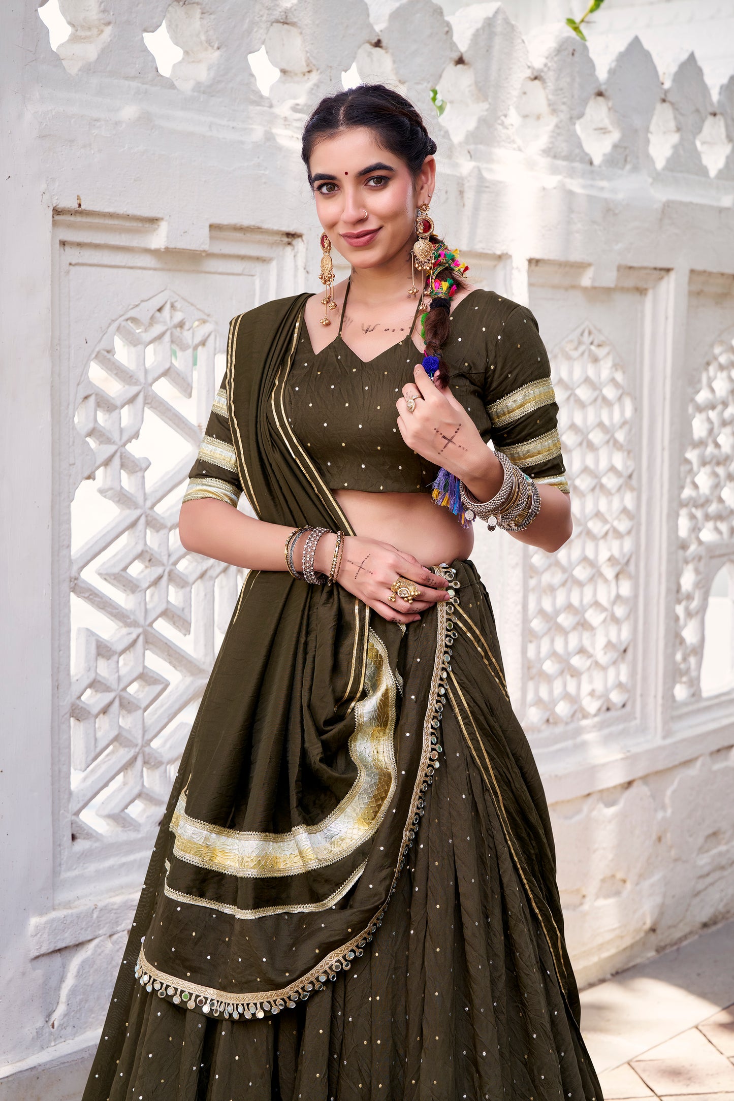 Mehendi Color Zari Weaving Work With Embossed Design Chanderi Lehenga Choli