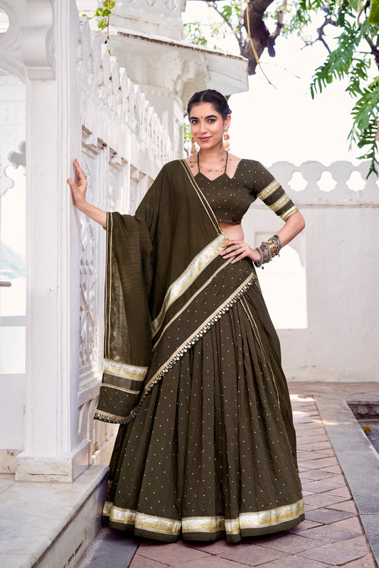 Mehendi Color Zari Weaving Work With Embossed Design Chanderi Lehenga Choli