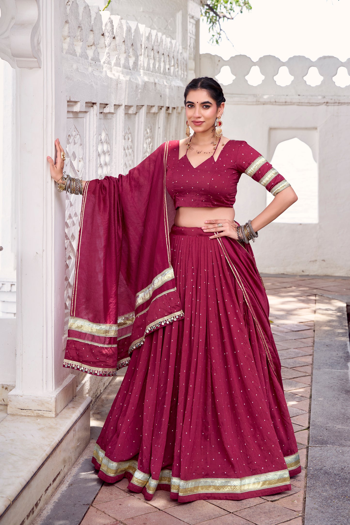 Maroon Color Zari Weaving Work With Embossed Design Chanderi Lehenga Choli