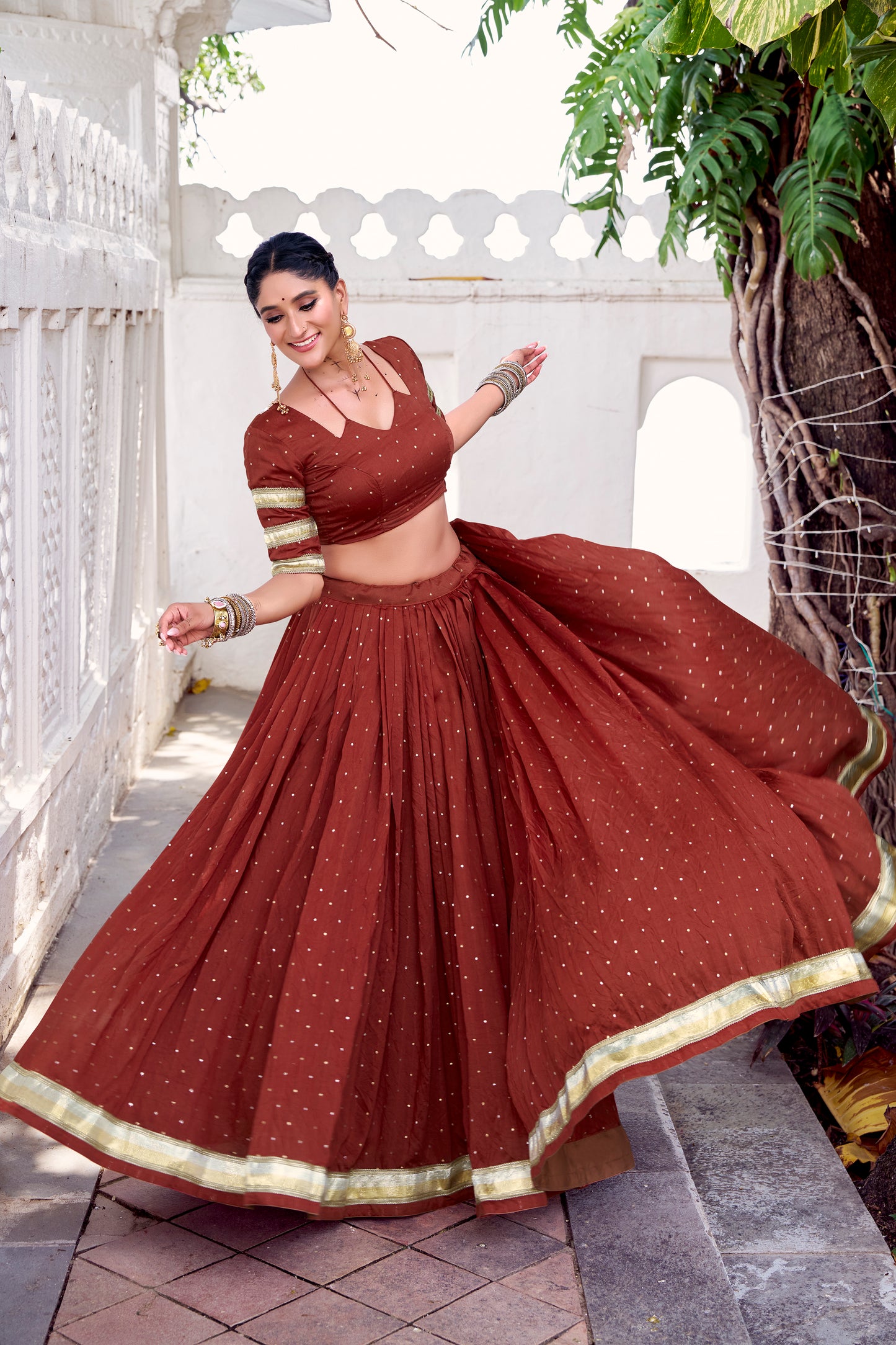 Rust Orange Color Zari Weaving Work With Embossed Design Chanderi Lehenga Choli