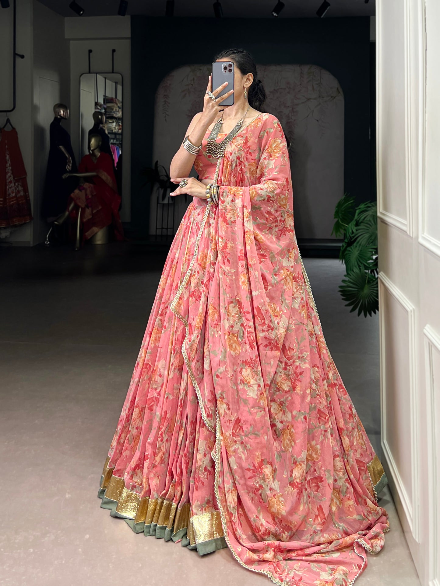 Peach Color Floral And Foil Print With Embossed Design Chiffon Ghaghra choli