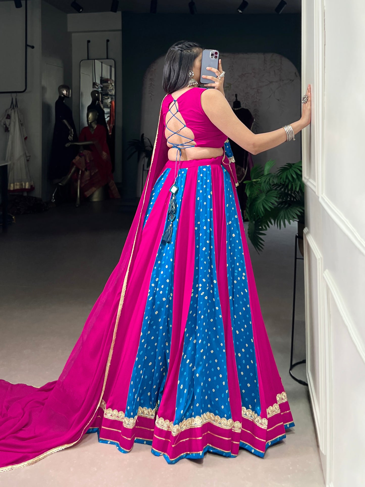 Pink Color Bandhej Print With Lace Touch Up Tasar Silk Chaniya Choli