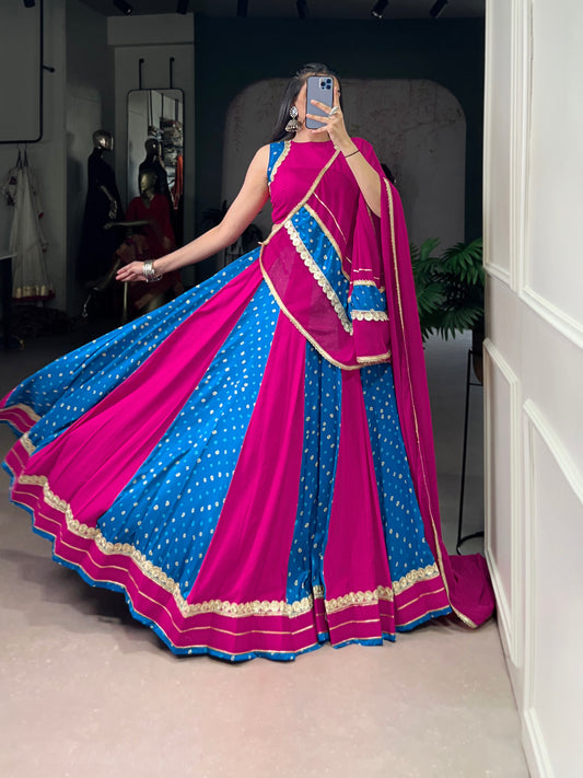 Pink Color Bandhej Print With Lace Touch Up Tasar Silk Chaniya Choli