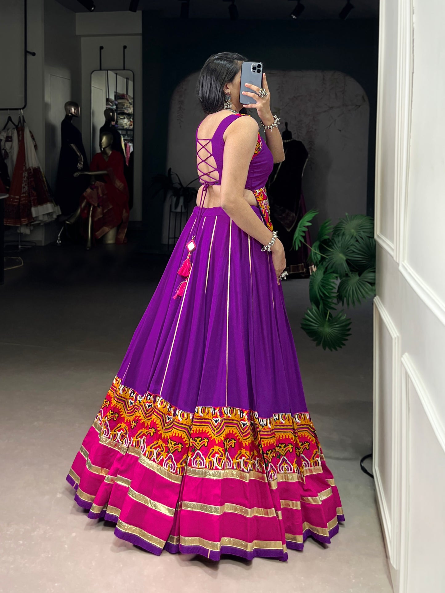 Purple Color Embossed Design With Gamthi Work Rayon Lehenga Choli