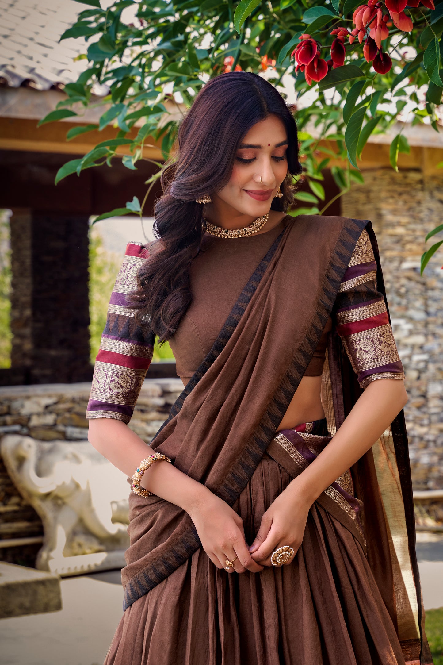 Brown Color Plain With Zari Weaving Work Chanderi Silk Lehenga Choli