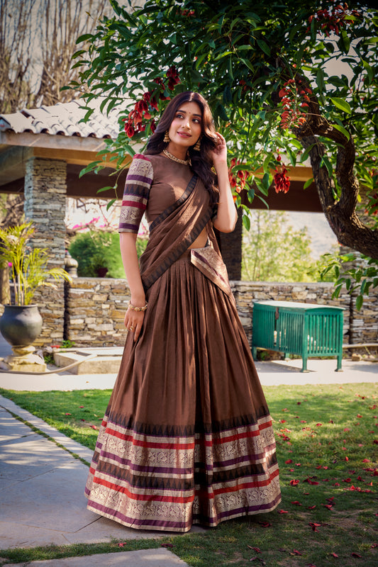 Brown Color Plain With Zari Weaving Work Chanderi Silk Lehenga Choli