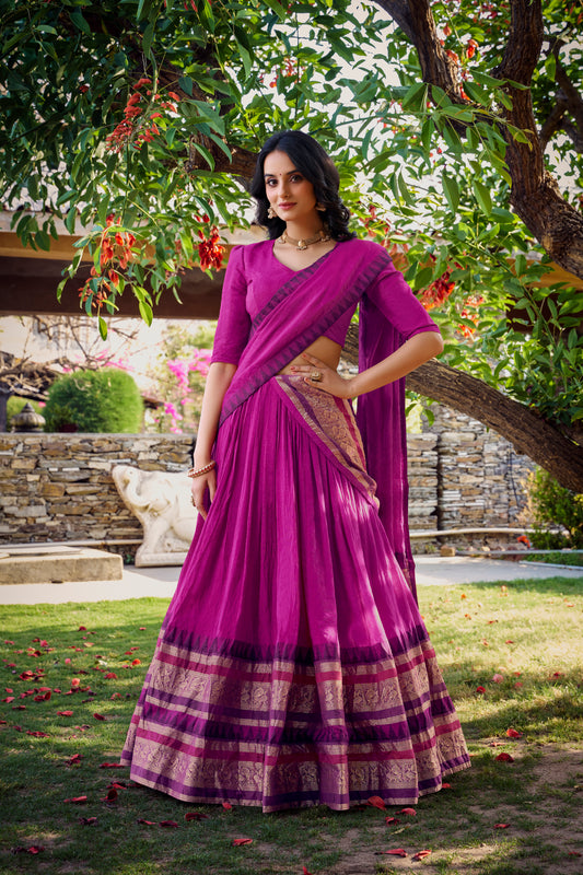 Pink Color Plain With Zari Weaving Work Chanderi Silk Lehenga Choli