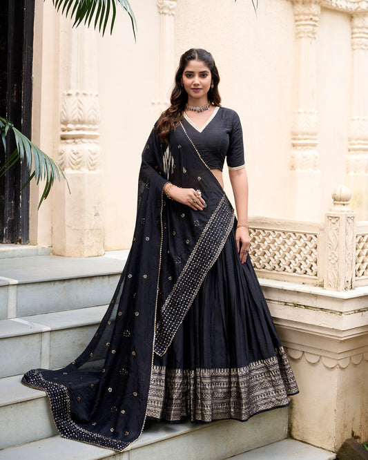 Black Color Plain With Zari Weaving Work Chanderi Lehenga Choli