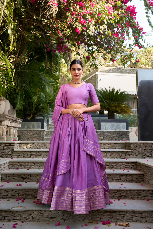Purple Color Plain With Zari Weaving Work Border Chanderi Traditional Wear Lehenga Choli