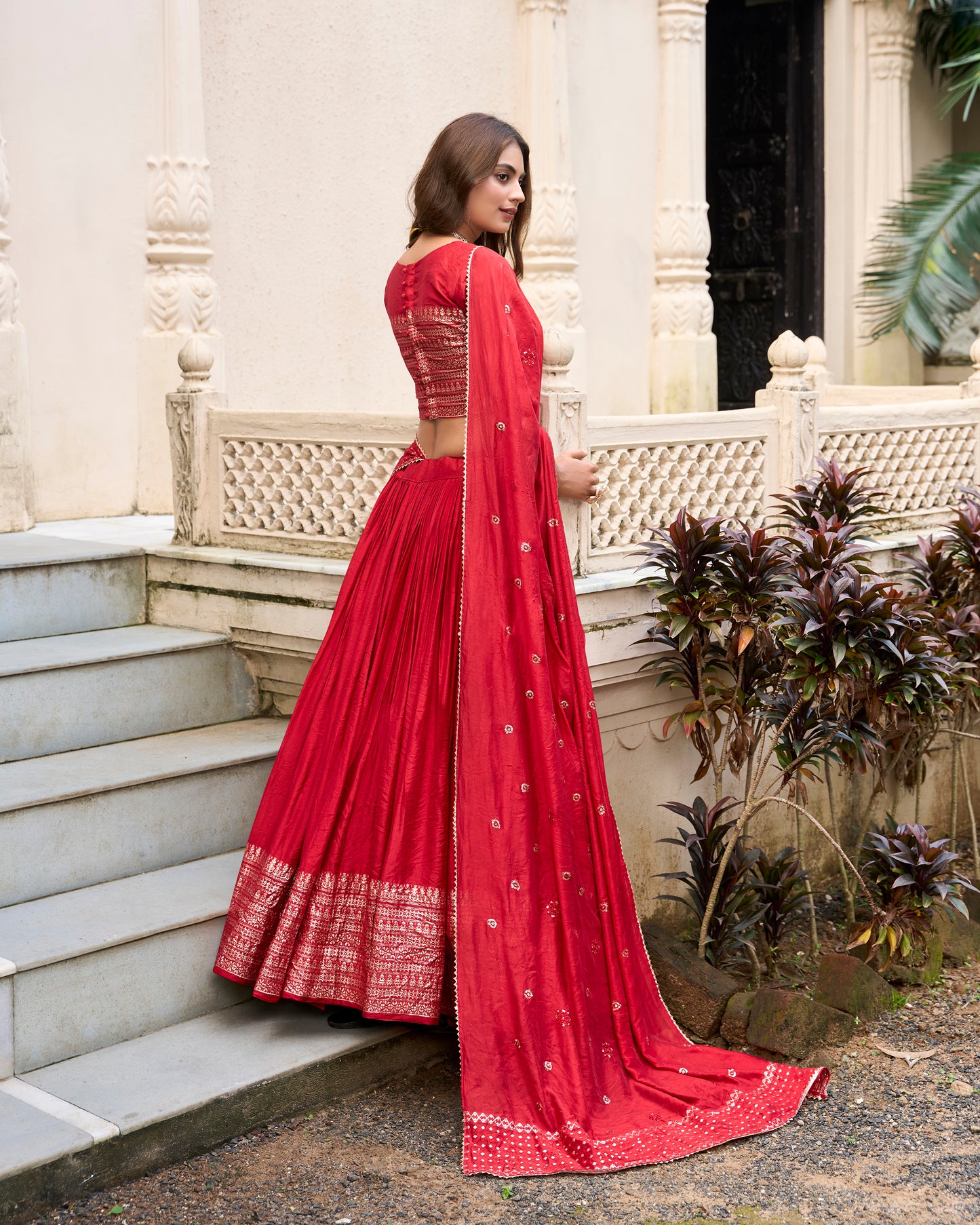 Red Color Plain With Zari Weaving Work Chanderi Lehenga Choli