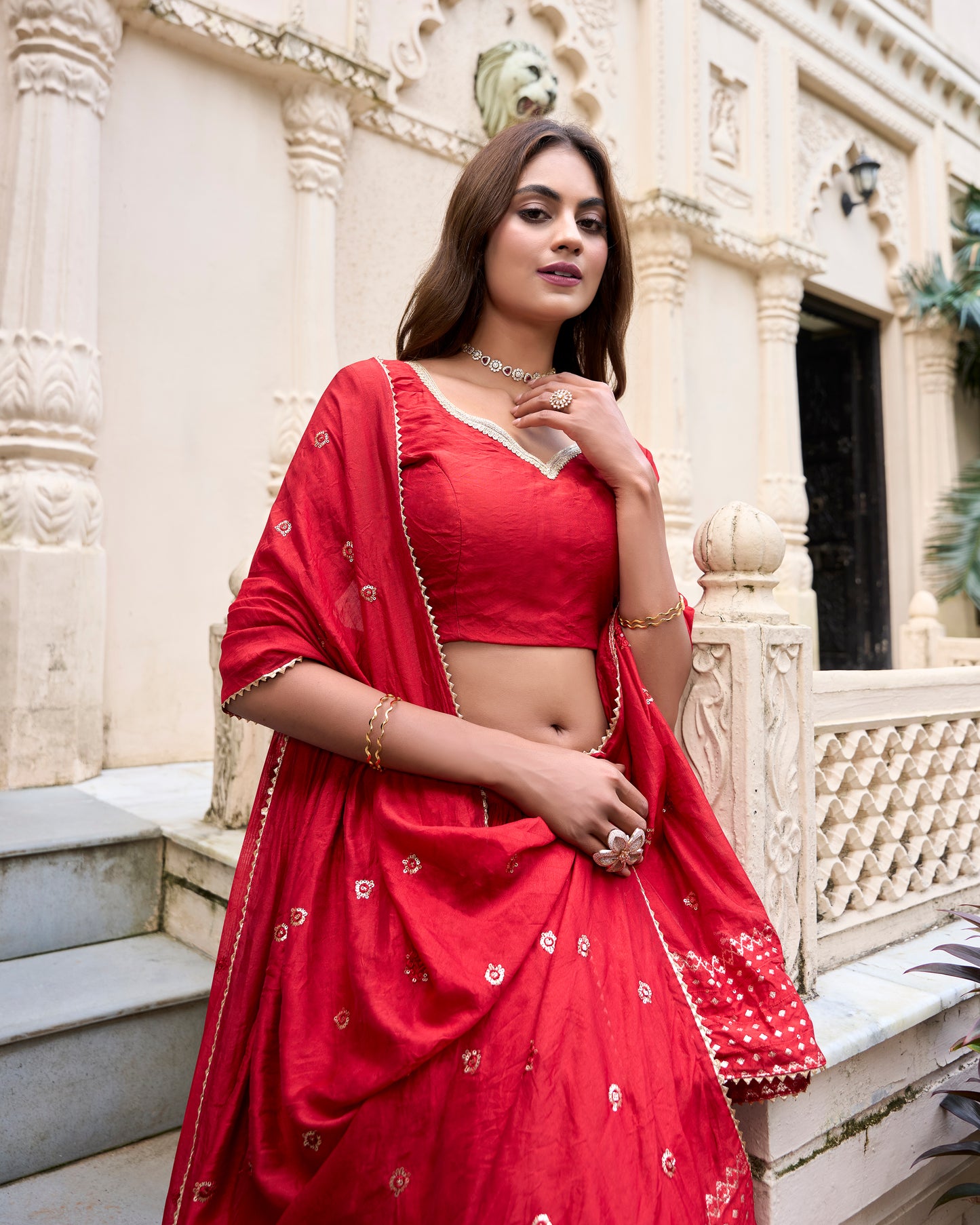 Red Color Plain With Zari Weaving Work Chanderi Lehenga Choli